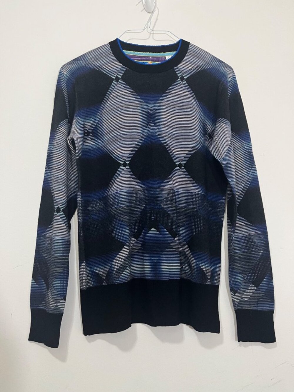 Robert Graham Sweater Mens S Gray Blue 100% Merino Wool Crewneck Geometric Knit